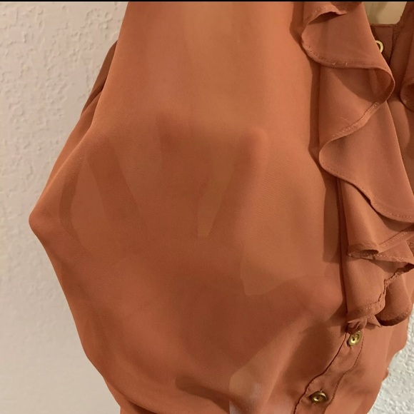 Mine Womens Top Blouse Ruffle Shirt Polyester Gold Buttons Orange Size Medium - Picture 6 of 8